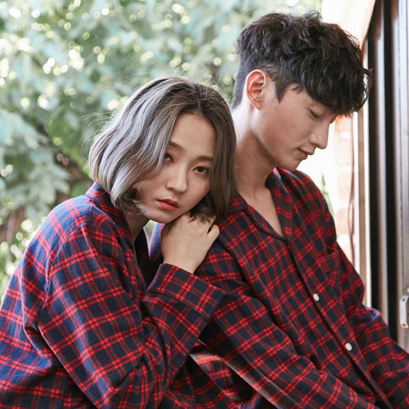 Pijamas a cuadros escoceses de algodón puro para hombre y mujer, pijama de manga larga coreano para otoño e invierno, ropa para el hogar