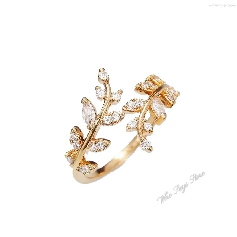 Anillos de apertura de hoja de olivo a la para mujer con incrustaciones de circonia cúbica brillante, accesorios simples y elegantes para dedo, de para chica, Nueva joyería Jahльца
