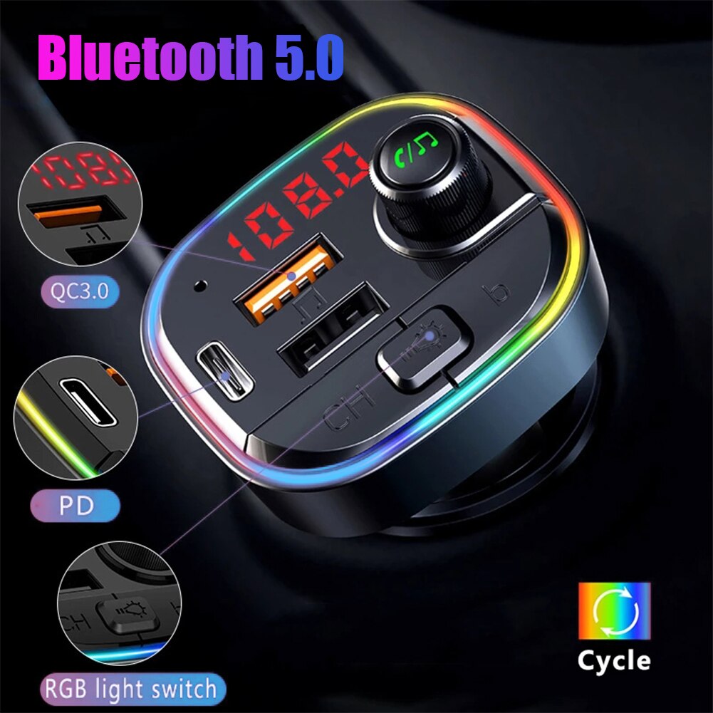 Qc3.0 + pd fast usb charger adapter, bluetooth compatible, 5,0 fm transmitters, wireless car  mp3 player bass audio car kit
