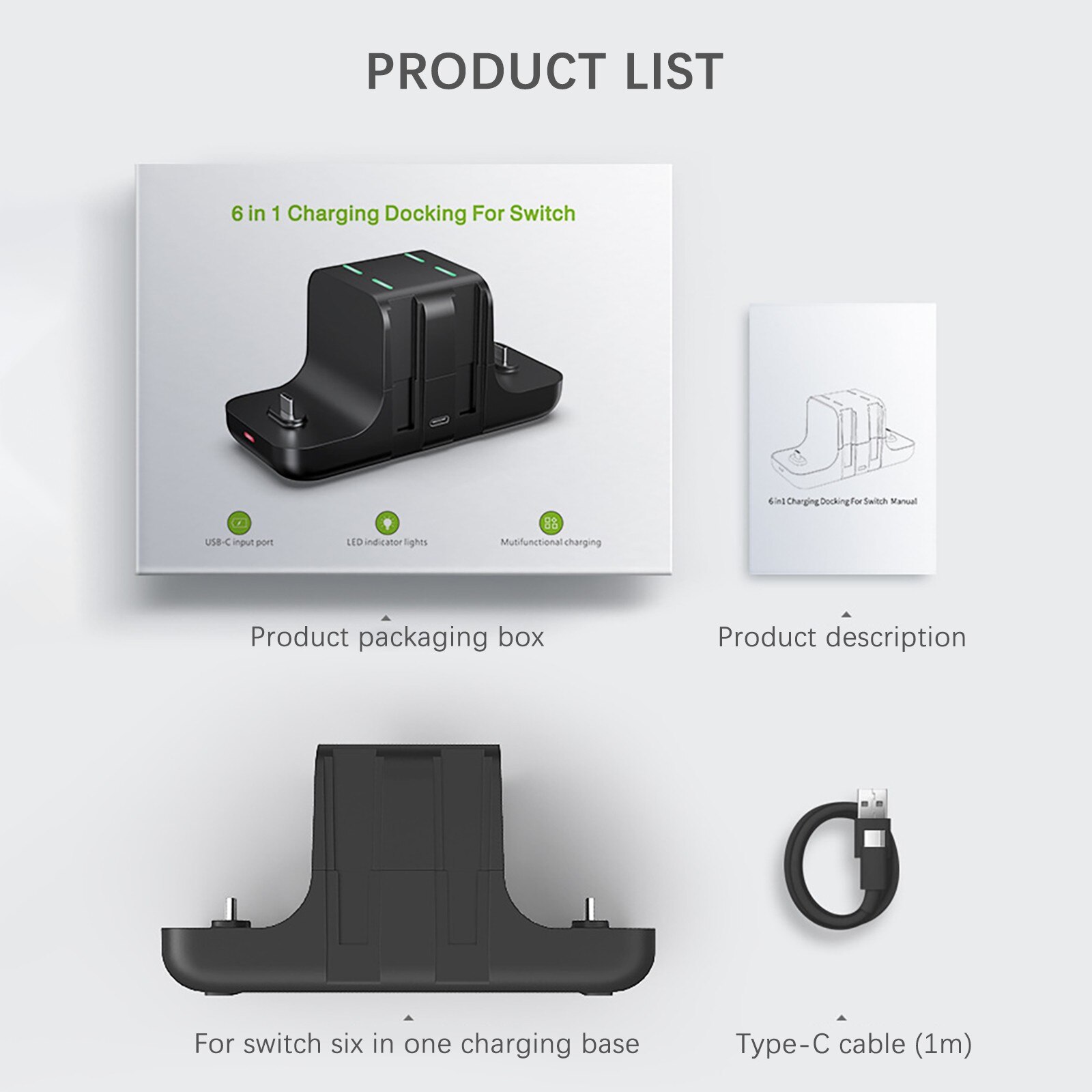 Controller-ladegerät für switch joy-cons, 6-- in- -1- ladestation mit usb-c-anschlüssen