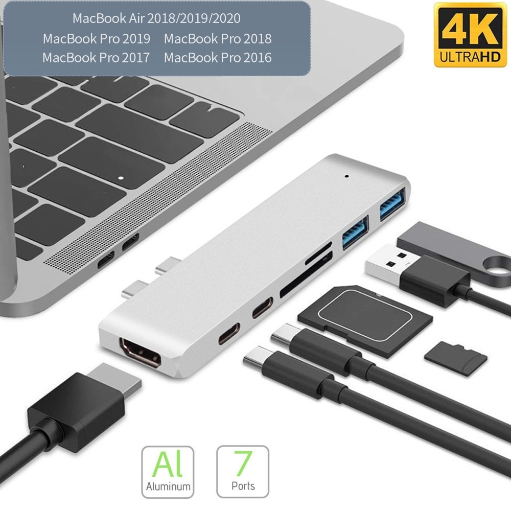 7in1 double USB-C à TF lecteur de carte SD USB 3.0 OTG Dock 4K HDMI adaptateur de moyeu de barre de chargeur pour MacBook 11-15 "Pro/Air -maintenant