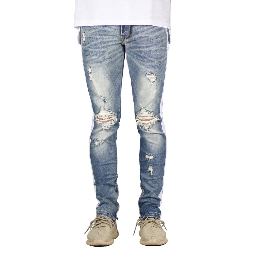 Männer Jeans strecken Dünne Zerrissene Jeans Mit Streifen Seite Y5035