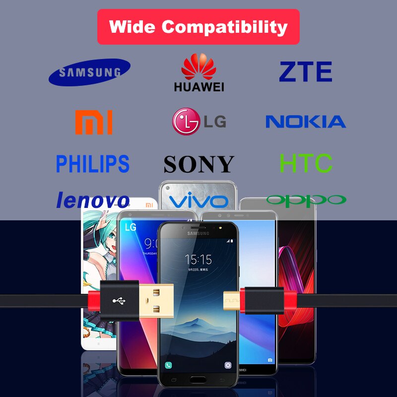 Câble micro USB plat plaqué or de 0,3 m-3 m, pour téléphone portable, ligne android, synchronisation de données, chargeur pour Xiaomi Samsung et Huawei,