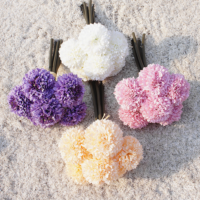 6 stykker  / 1 bunt silke nellike brude bukett bryllup hjem dekor kunstplanter dekorative blomster billig jul pompon