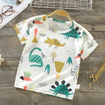 Haut d'été en coton à manches courtes pour petits enfants, motif dessin animé mignon de voiture ou de dinosaure, haut ample à col rond, vêtements sauvages: B / 12m