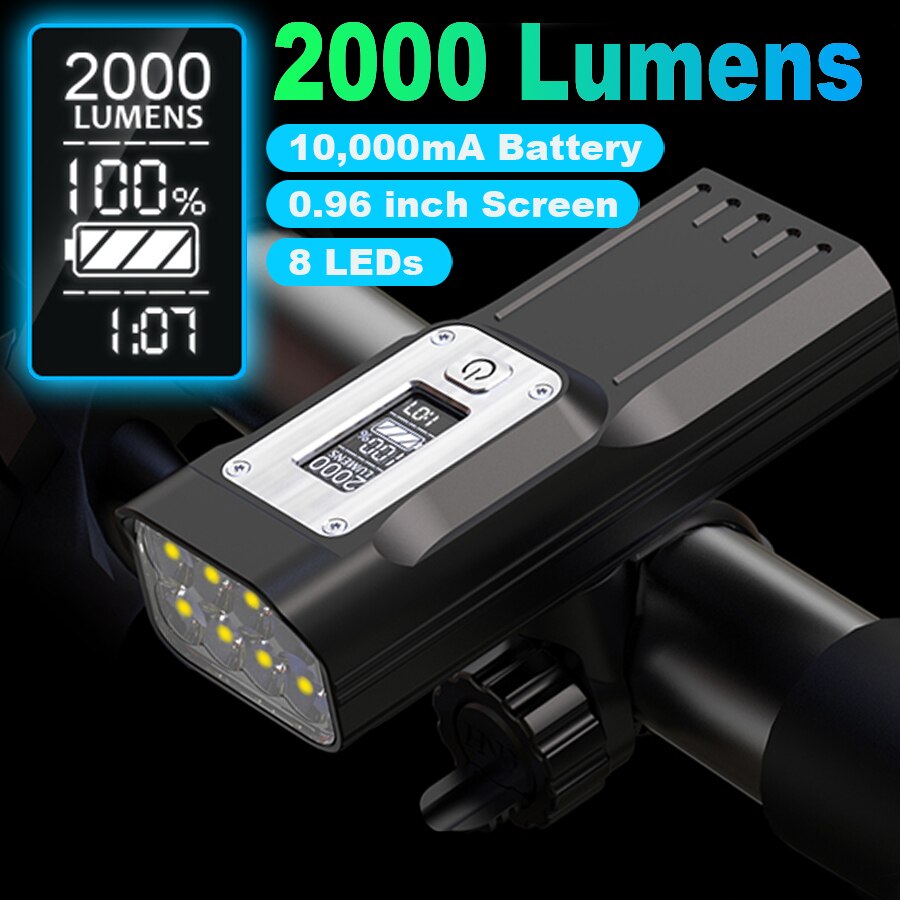 NEWBOLER 8 LEDs Pantalla de potencia de luz de bicicleta 2000 Lumen 10000mA Luces de bicicleta MTB Faros de ciclismo como accesorios de bicicleta de banco de energía