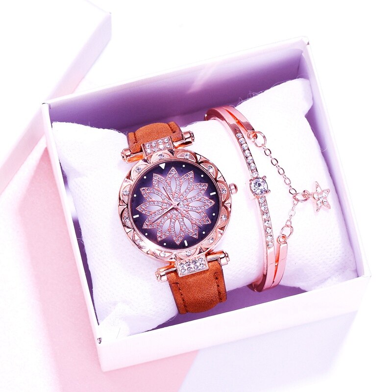 Frauen Uhr Armband 2 stücke Set Starry Sky Damen Armband Uhr Casual Leder Quarz Armbanduhr Uhr Relogio Feminino: Brown Watch Bracelet