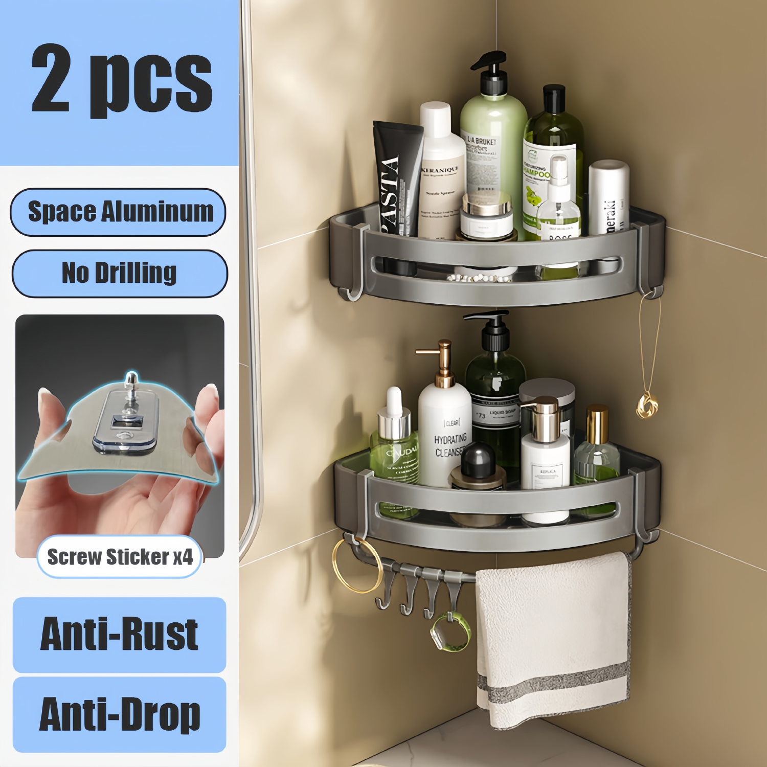 Badkamerplank Geen oefening Muur gemonteerd Shampoo -fles Douche hoekrek Toilet Opslagrek Aluminium Badkamer keukenaccessoires: WHITE