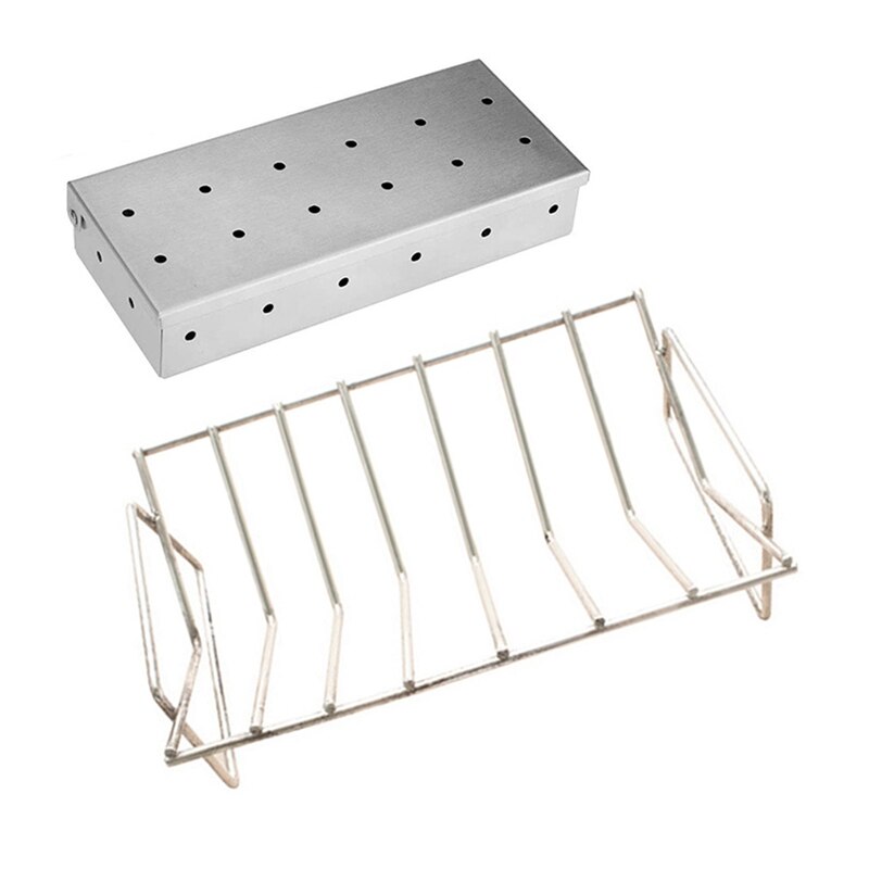 1 Pcs BBQ Rib Rack Grilling Rib Rack &amp; 1 Set Smoker Box for Wood Chips