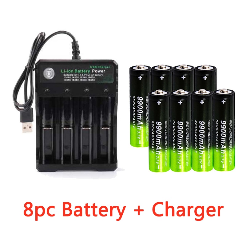 GTF 3.7V 18650 9900mAh Rechargeable Battery 2/4/8pcs Battery + 4 Slots 3.7V 18650 USB charger: charger 8pc battery