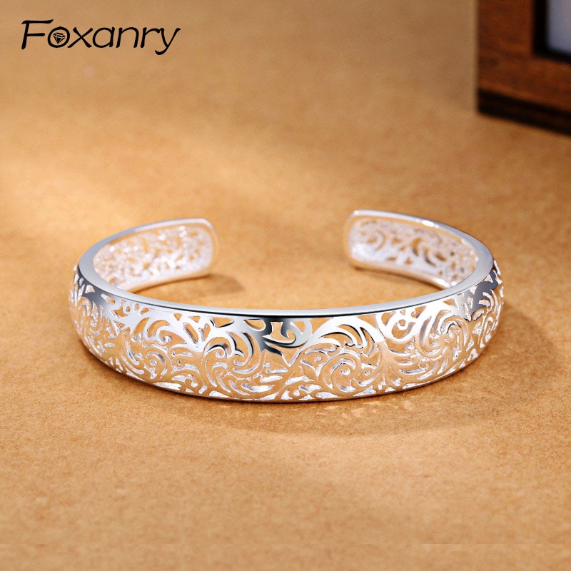 Foxanry 925 Stamp Cuff Bangles &amp; Bracelet Ethnic Hollow Flowers Bracelet for Women Wedding Jewelry