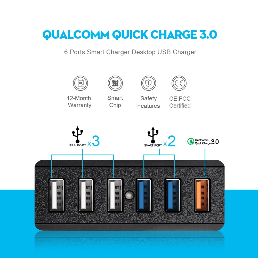 Rocketek carga rápida 3.0 carregador 6 usb inteligente turbo rápido carregador móvel para iphone7 samsung galaxy s6 xiaomi ue compatível 2.0