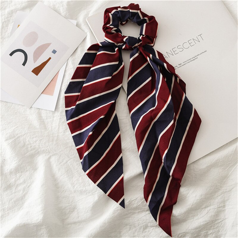 Coleta para mujer, pañuelo elástico largo, lazos para el pelo, cintas para el pelo, cinta para el pelo con estampado de rayas: 3