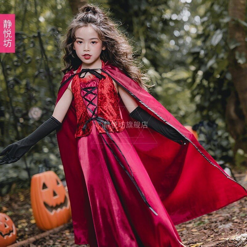 Halloween Kostuum Roodkapje Kinderkleding Meisjes Kleding Vampier Prinses Lange Jurk Sjaal Mantel Heks Meisje