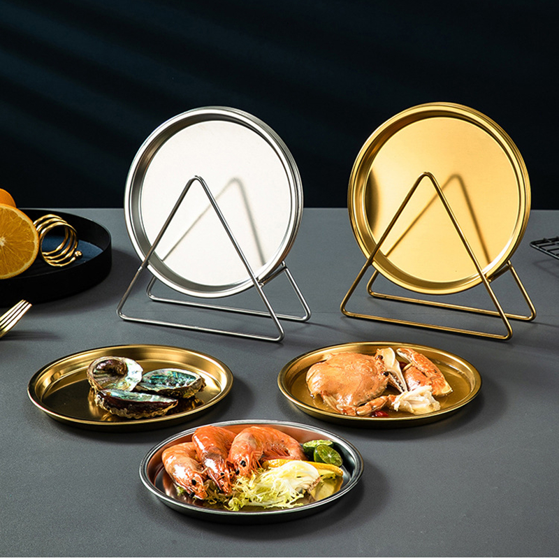Stainless Steel Dinner Plates Restaurant Gold Serving Tray Round Dessert Cake Snack Dishes Silver Storage Plate Korean Cutlery