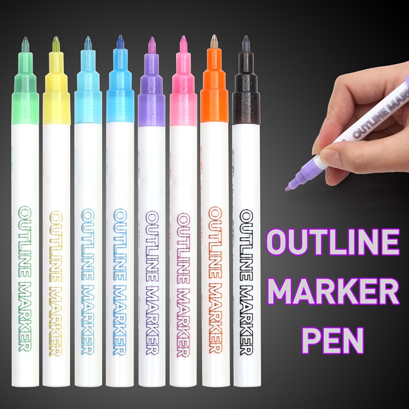 Dubbele Lijn Pen, 8 Kleuren Glitter Markeerstift Fluorescerende Overzicht Pennen voor Card Schrijven, Tekenen, DIY Art Ambachten