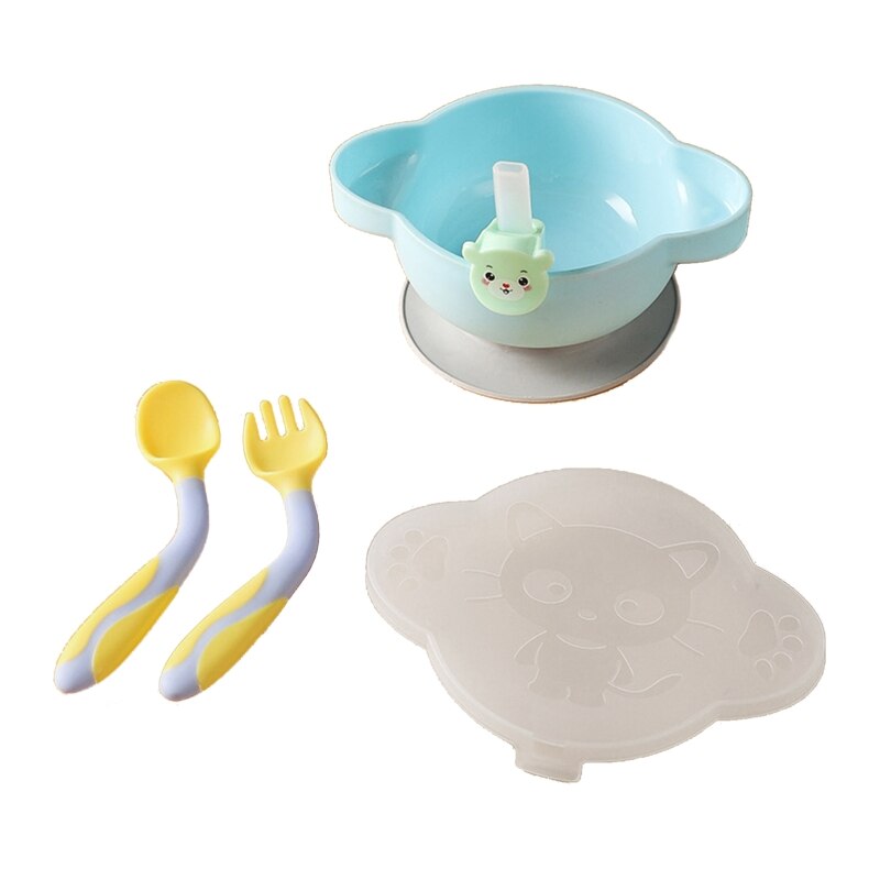Assiette à dîner pour bébé, bol à ventouse avec cuillère à paille, ensemble de fourchettes, plats antidérapants à succion, formation, vaisselle d&#39;alimentation pour tout-petits: Sky Blue
