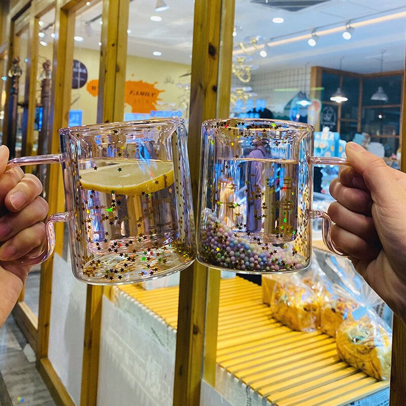 Girly Heart Sequins Korea Star Mug Heat-resistant Glass Double-layer Coffee Cup with Handle