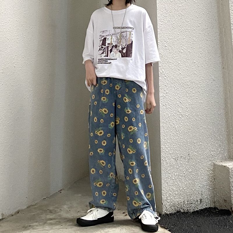 Pantalones vaqueros rectos coreanos a la Retro informal con flores para hombre, pantalones vaqueros holgados de estilo Hip-hop con cordón, pantalones vaqueros para hombre M-XL