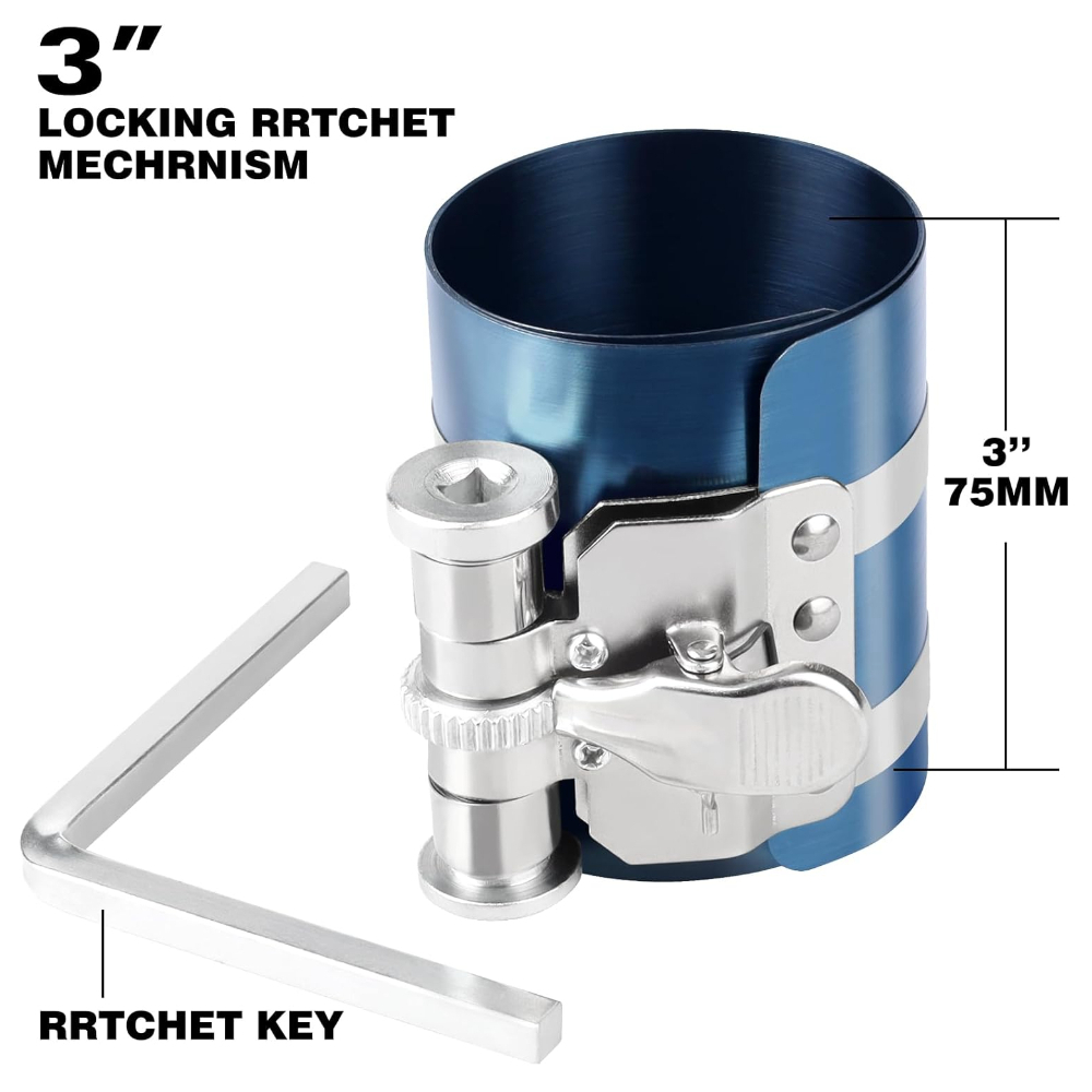Herramienta de compresor de anillo de pistón de 3 ", herramienta de instalación de anillo de pistón de trinquete ajustable, rango de compresión ajustable, coche de 2 "-6,9": Marrón