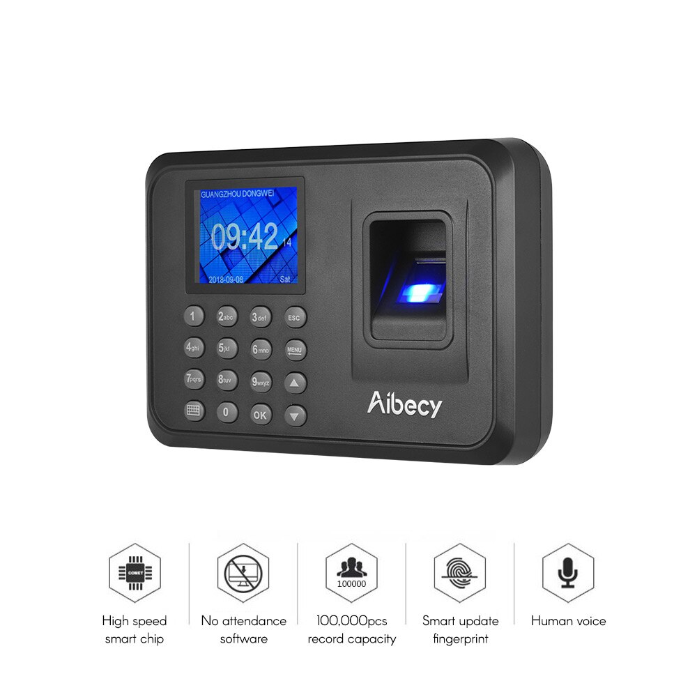 Aibecy Biometrische Vingerafdruk Wachtwoord Aanwezigheid Machine met 2.4 inch Lcd-scherm Employee Management Controleren in Recorder