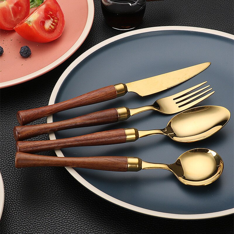 1 Pc Houten Handvat Roestvrij Staal Bestek Westerse Servies Servies Lepels Theelepels Vork Messen Thuis Keukengerei