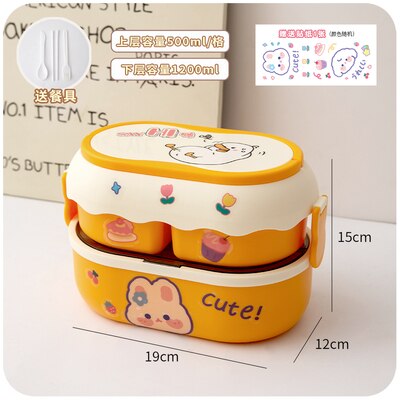 Kawaii Lunch Box Microwave Multi-Layer Student School Bento Box with Independent Box Cutlery Portable Cute Food Storage Boxes: yellow pp box