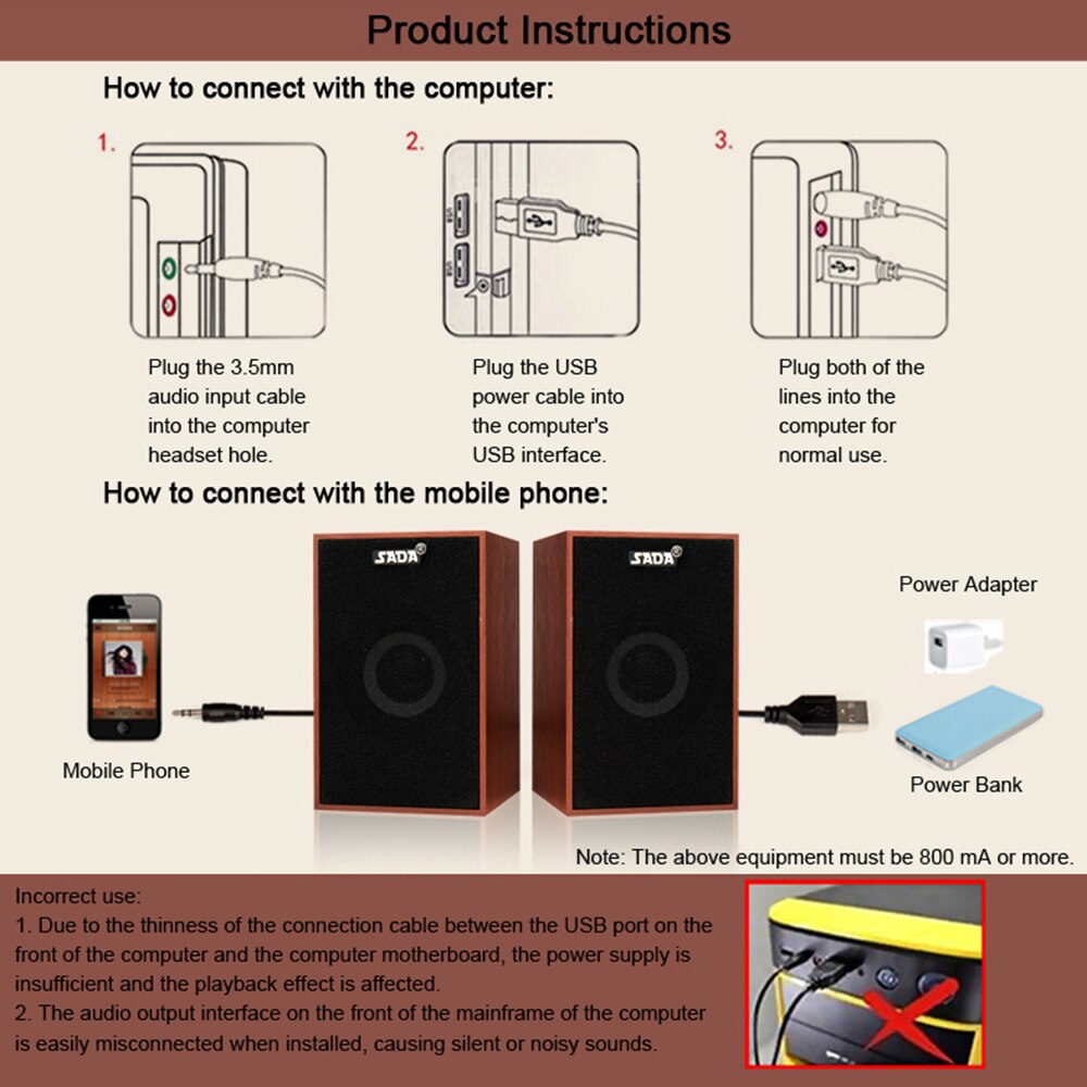 SADA V-160 USB Wired Wooden Combination Computer Speakers Bass Stereo Music Player Subwoofer for Laptop Tablet PC Smart Phone