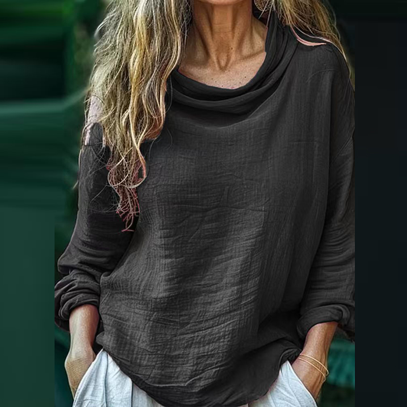 Langærmet folderpullover til kvinder, alle matchende ensfarvede toppe med tørklædekrave, forårsbluse med lange ærmer: L / Elfenben