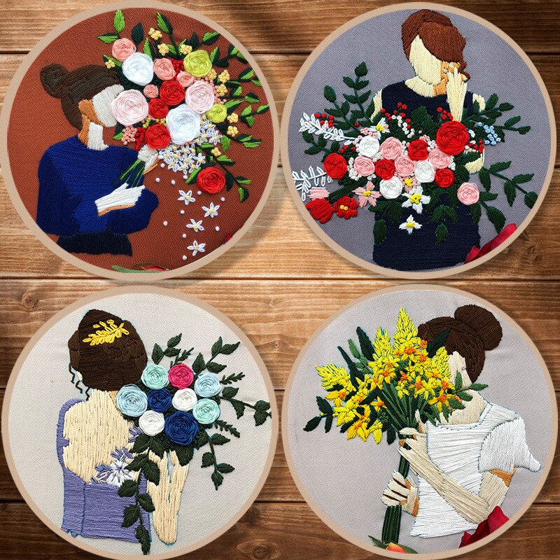 3D Embroidery Kits Cartoon Girl Hand Bouquet Pattern Beginner DIY Embroidery Material Package Cross Stitch Sewing Tools Bordado