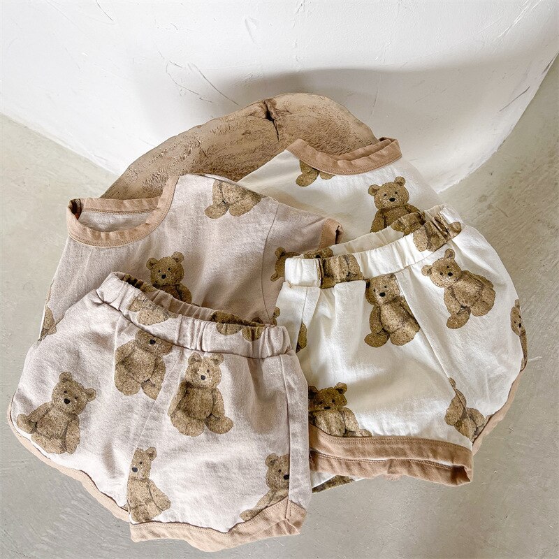 MILANCEL 2022 Summer Kids Clothing Set Bear Print Boys Suit Vintage Tee and Shorts Set di abbigliamento per ragazze 2 pezzi