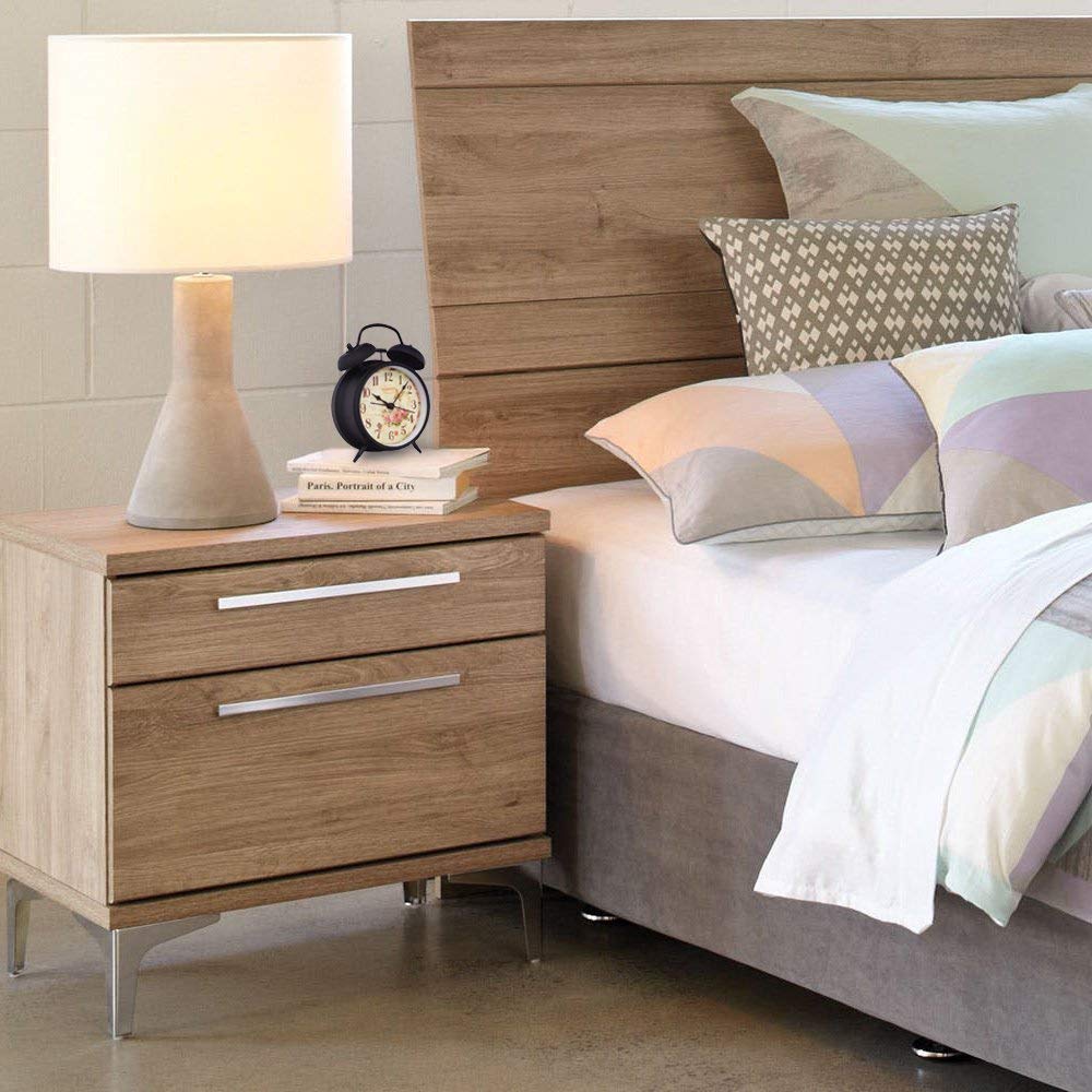 4 inch Retro Vintage Bedside Twin Bell Alarm Clock With Loud Alarm and Nightlight (Black Case - Roses)