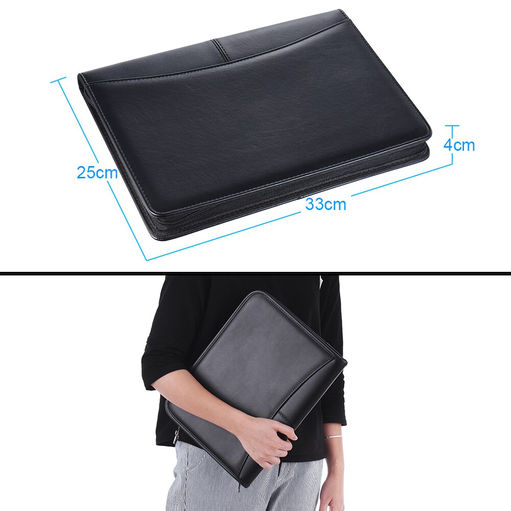 A4 PU Leather Document Folder Organizer Multifunctional Business Portfolio Case Zippered Closure Calculator Card Holder