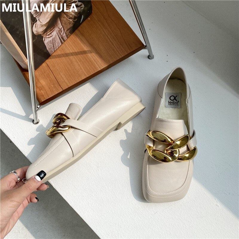 Neue Winter Socofy Plüsch Goldene Kette Leder Wohnungen Schuhe Zehe Slip Auf Frauen Müßiggänger Mokassins