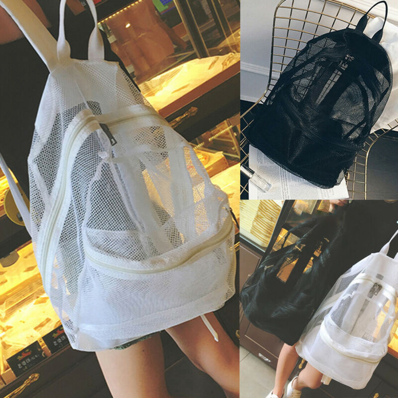 Women Backapck Mesh Foldable Backpack See Through School Book Bag Beach Hike Travel Daypack