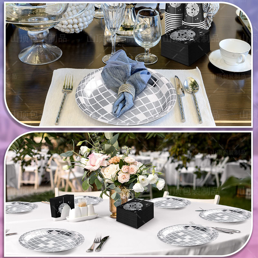 10Guests Disco Silver Ball Disposable Tableware Silver Plates Disco Black Napkin Adult Disco Theme Happy Birthday Party Decor