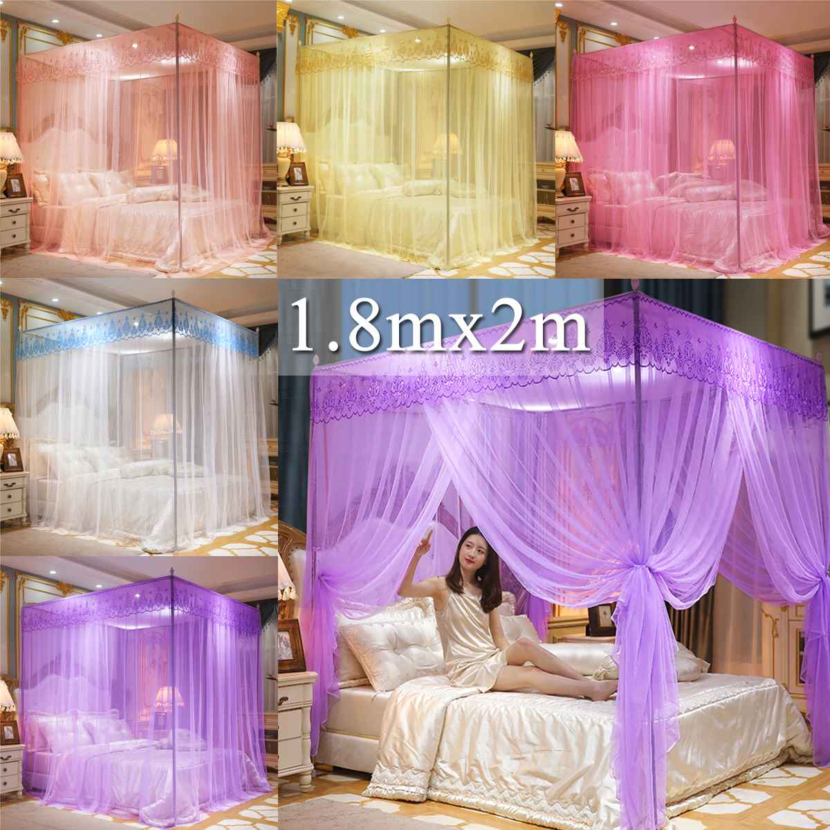 pink quadrate mosquito net palace net with iron tube frame floor-nets romantic lace bed netting blue three-door moustiquaire