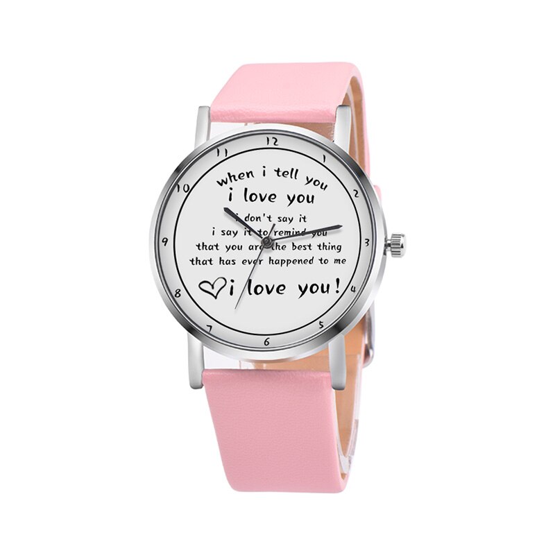 Letters Gedrukt Horloge Quartz Horloge Met Pu Lederen Band I Love U Horloge Voor Vrouwen Meisjes H9: Roze