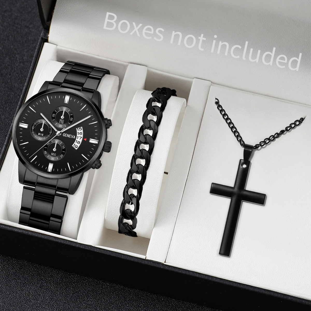 3 unids/set de reloj de pulsera de acero inoxidable a la para hombre, reloj de cuarzo con calendario informal, conjunto de joyería (sin caja): Rosa