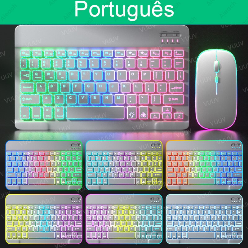 Bluetooth-compatible iPad Keyboard Mouse For iPad Pro 11 12.9 Air 4 7th 8th Rainbow Backlit Wireless Tablet Keyboard For Android: Portuguese White