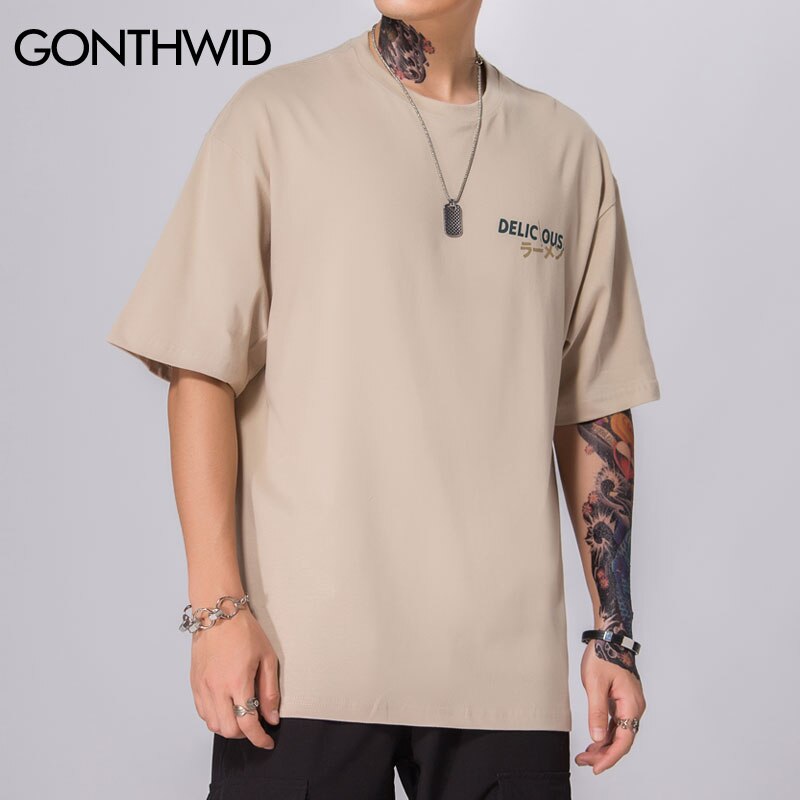 GONTHWID Puffer Fisch Ramen Drucken Kurzarm T Hemden Harajuku Hüfte hüpfen lässig Streetwear T-Hemden Hemd Herren Sommer zu