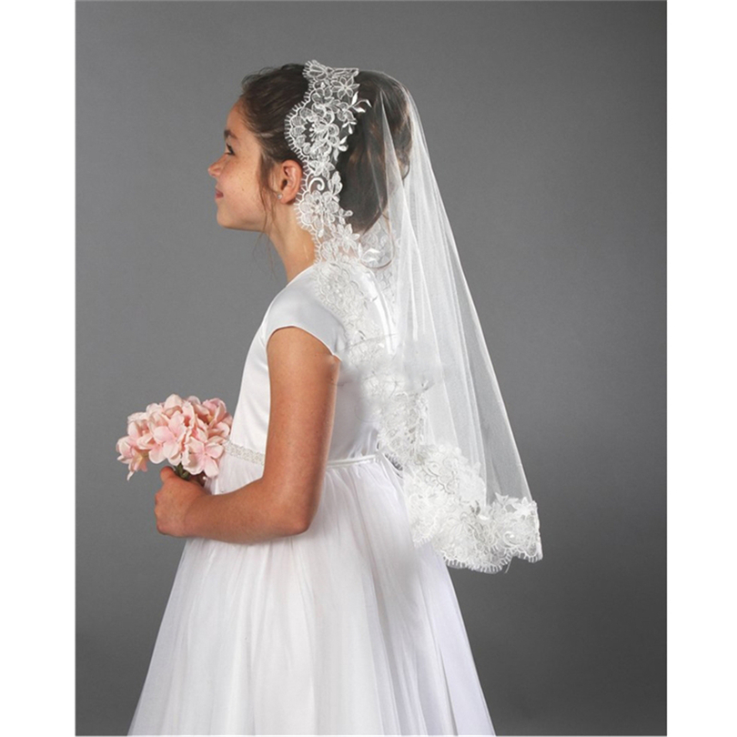ISHSY Wedding Flower Girls First communion Veils Lace Edge One Layer Children Kids Tulle Veils Voiles Filles velos de Novia