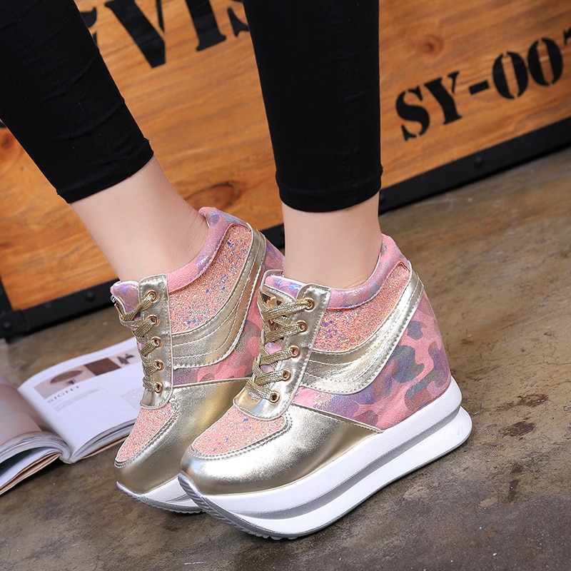 Woman Spring Wedge Boots PU Leather Harajuku Shoes Colorful Bling Winter Ankle Boots High-Heeled Platform Sneakers AC-04