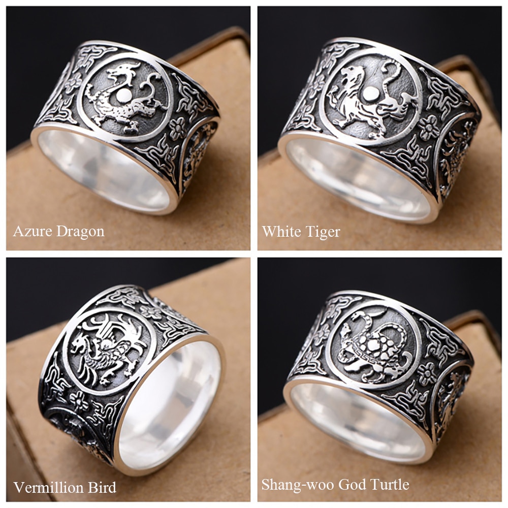 BALMORA Reale di 999 Puro Argento Dell'annata del Drago Tigre Accatastamento Anelli per Gli Uomini di Sesso Maschile Le Donne Punk Freddo Gioelleria Raffinata E Alla Moda Anillos1.4cm Larga