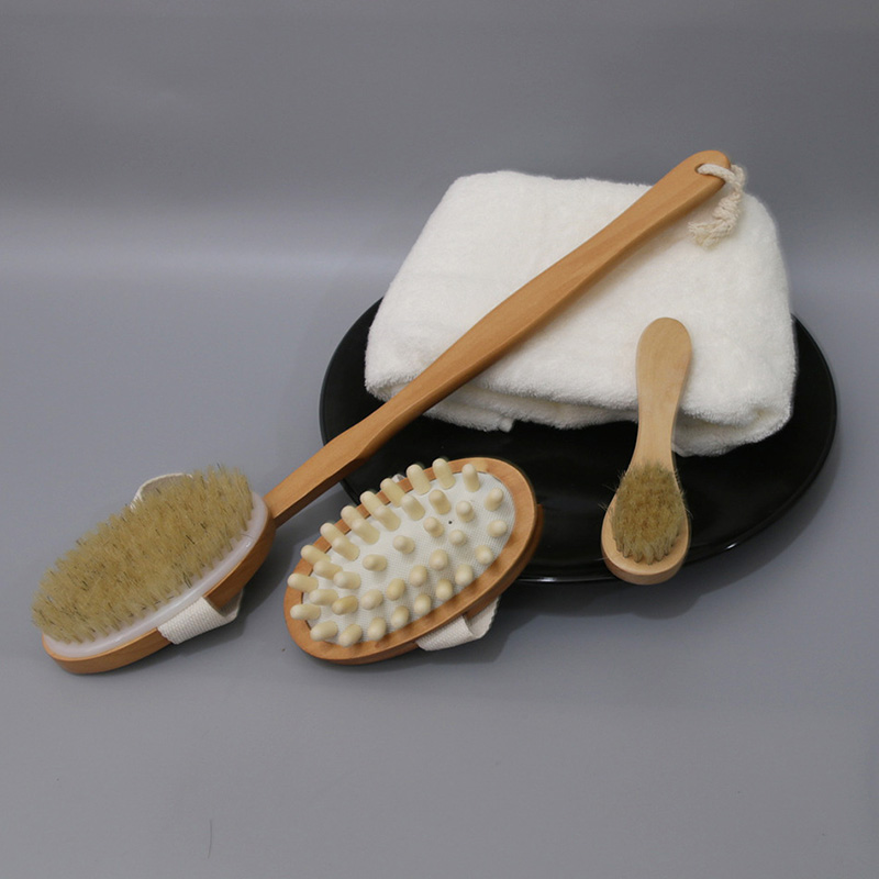 3 stk/sæt naturligt badeværelsesbadebørstesæt børstehår kropsmassagebørste tørbadebagbørste ansigtsbørste