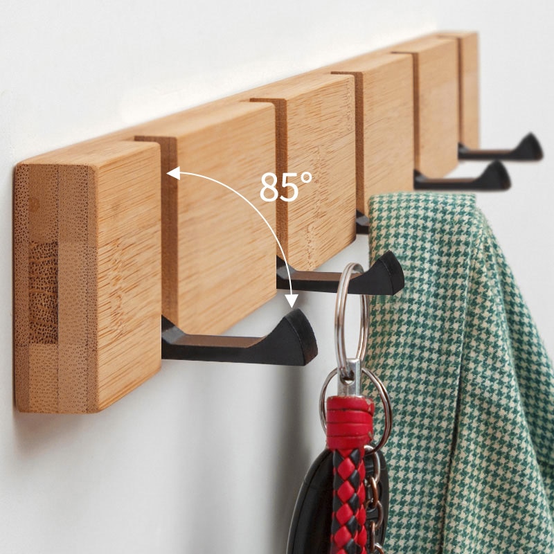 Bamboo Foldable Coat Towel Hooks Door Hanger Punch Free Multifunction Cap Key Holder Wall Storage Organizer