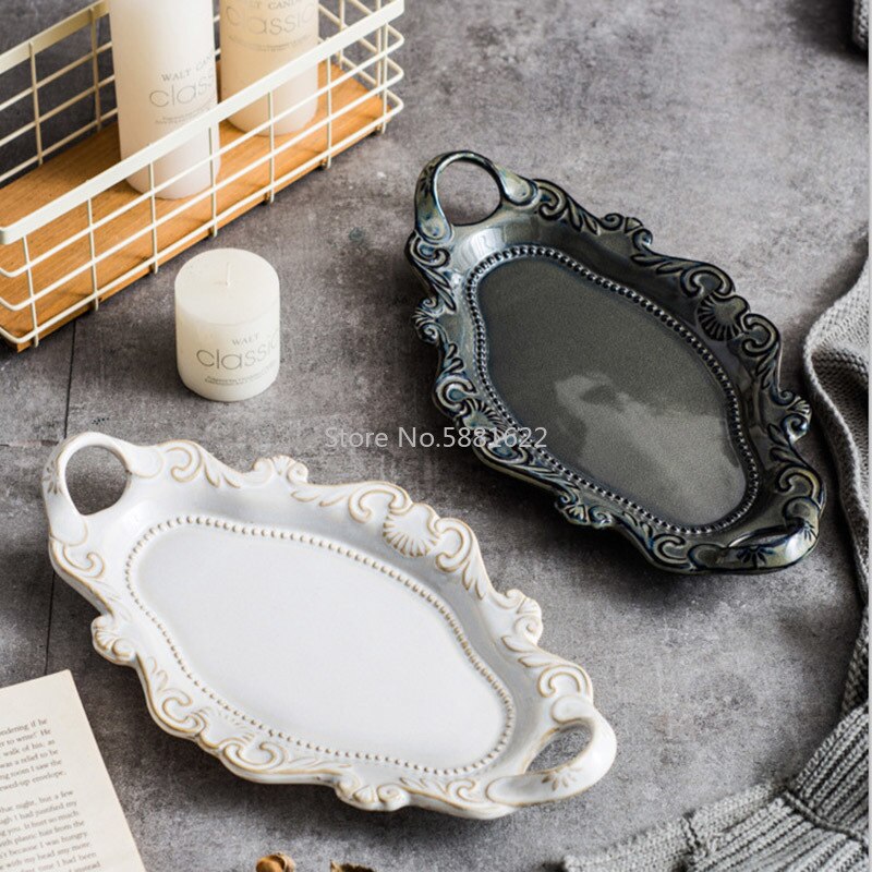 Placa cerámica de Navidad occidental, vajilla blanca con relieve, bandeja de doble oreja con esmalte de horno, bandeja marrón, plato de pescado