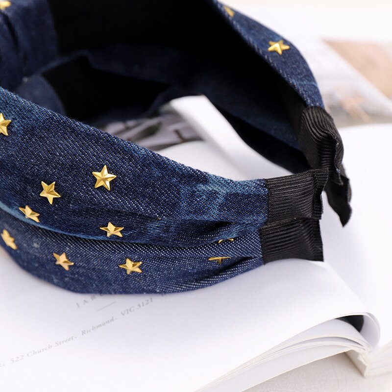 Vintage Sterren Jewel Rhinestone Denim Haarband Voor Vrouwen Knot Tulband Hoofdband Meisjes Haar Accessoires Bandeau Cheveux Opaska Doen
