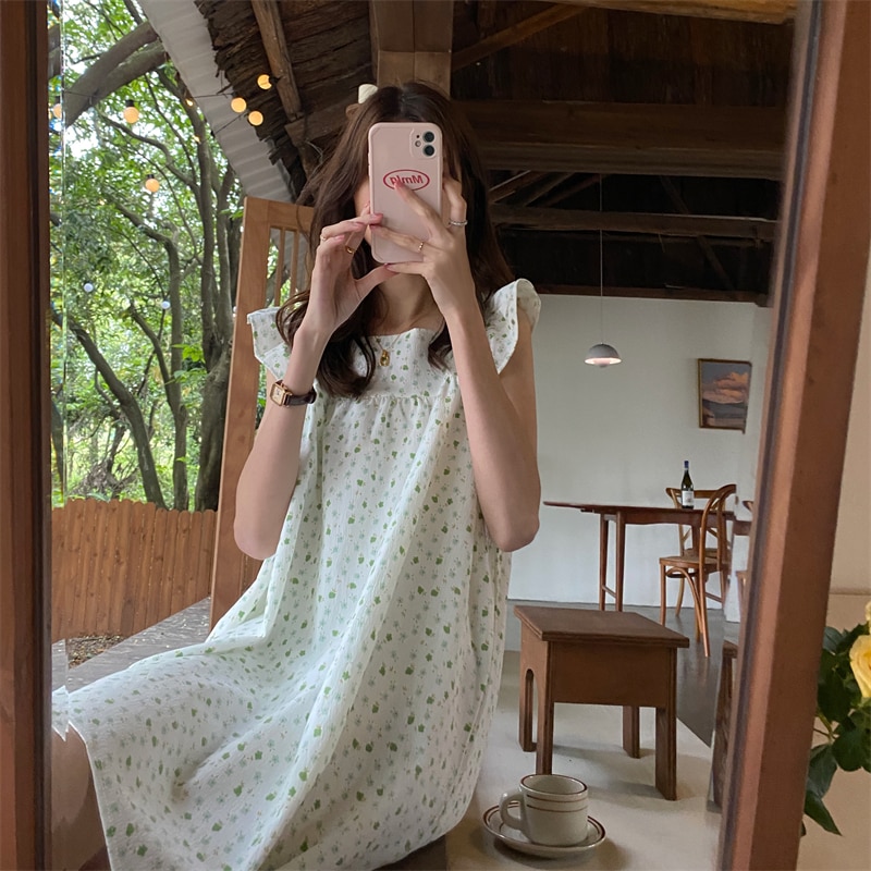 Mouwloze Zomer Nachtjapon Vrouwen Ruches Vierkante Kraag Knielange Koreaanse Kawaii Nachtkleding Japan Katoen Zoete Nacht Jurk