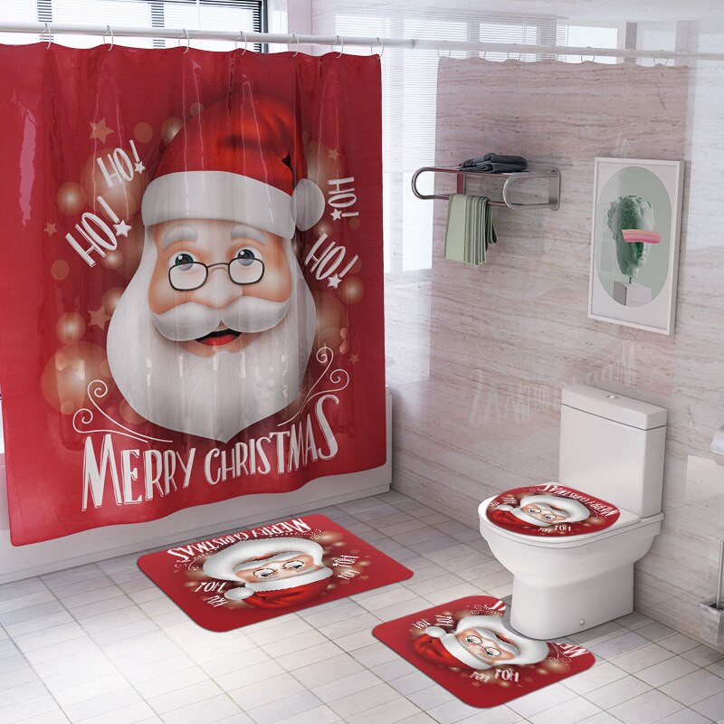 Christmas 4pcs Bathroom Shower Curtain Set Printed Santa Claus Bath Water Absorbing Toilet Polyester Cover Mat Home Decor